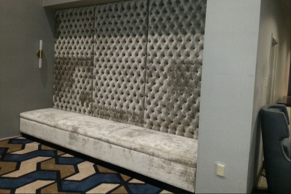 Custom wall panel banquette gray velvet Custom wall panel banquette gray velvet